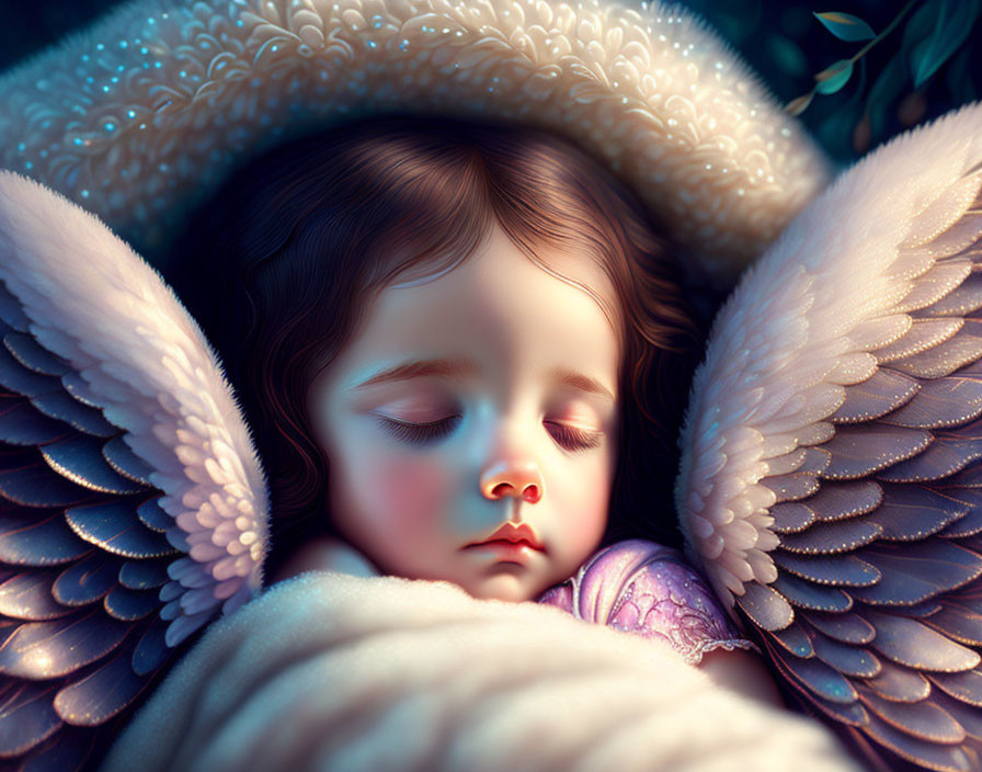 Sleeping child with wings nestled in cocoon-like embrace