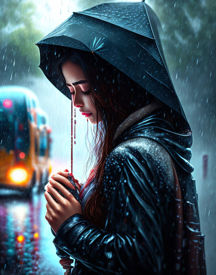 Woman in Black Hooded Raincoat Contemplates in Rain with Yellow Bus in Background