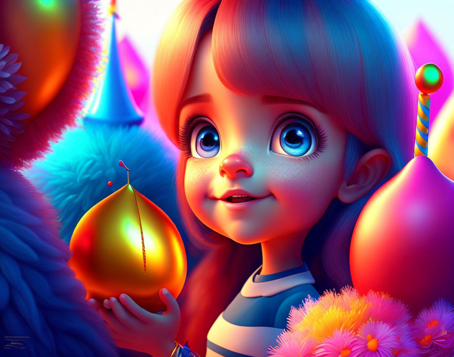 Colorful Illustration: Young Girl with Large Eyes Holding Golden Pear