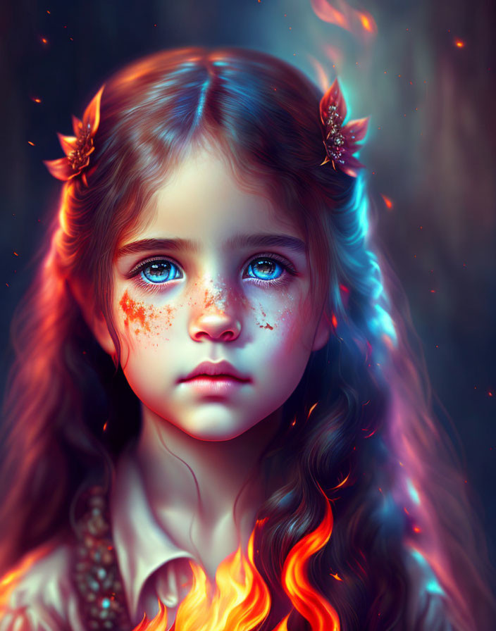 Digital illustration: Young girl with blue eyes, wavy hair, freckles & ethereal flames