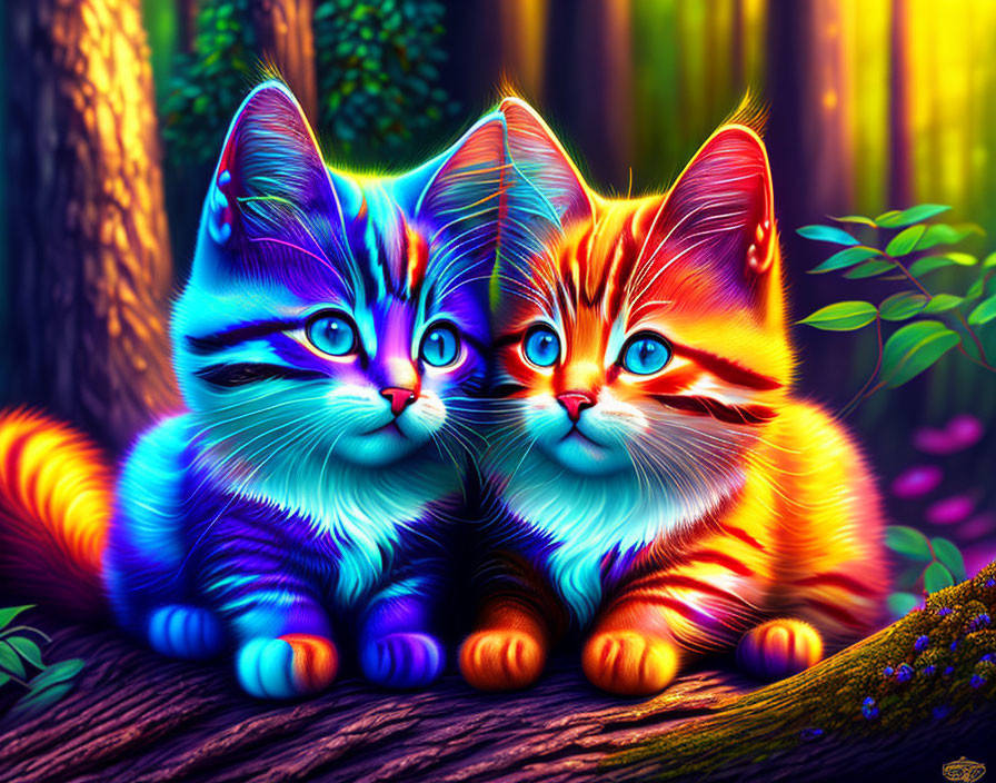 Colorful Illustrated Kittens in Fantastical Forest Setting