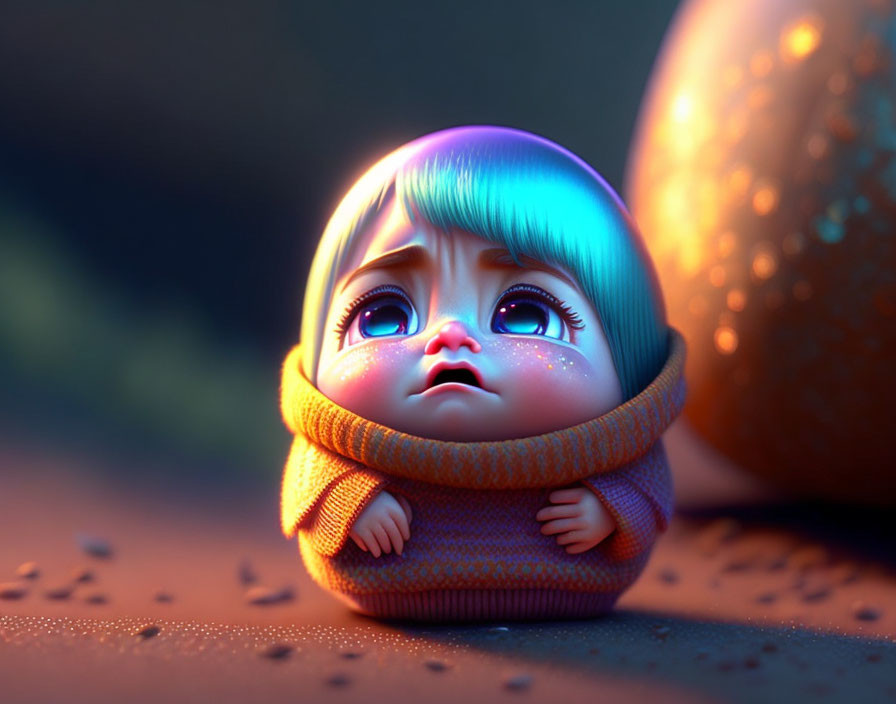 Colorful Illustration: Sad Baby Character with Blue Hair in Orange Sweater