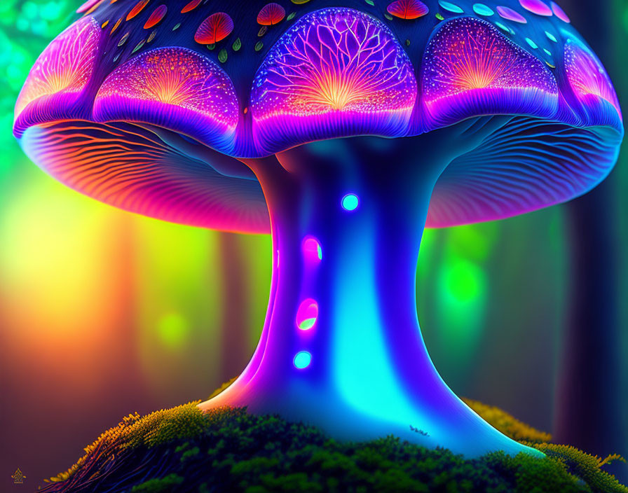 Colorful Neon Mushroom with Intricate Patterns on Glowing Cap