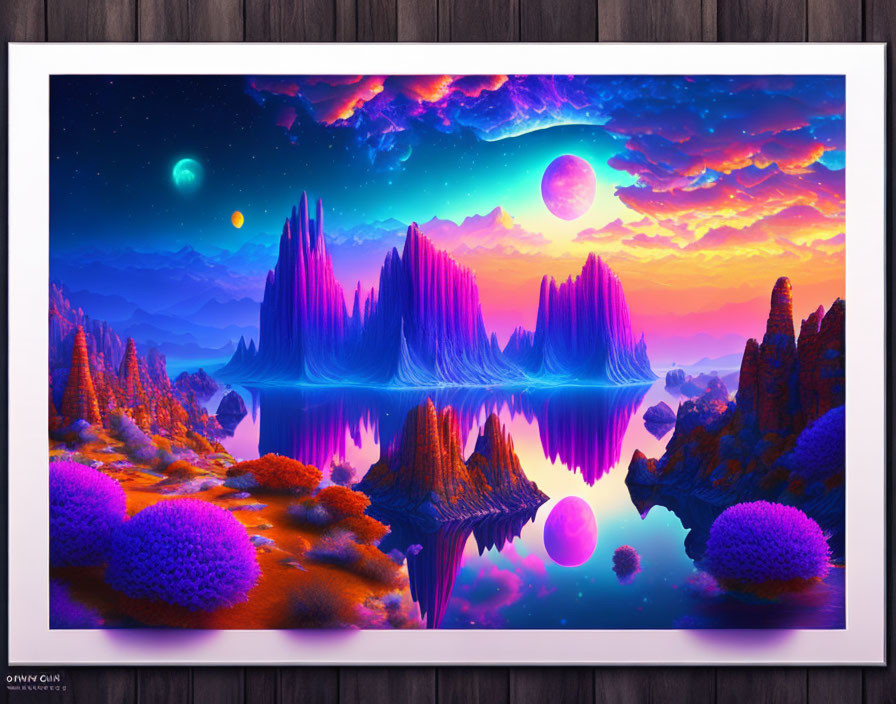 Surreal landscape art: purple mountains, neon flora, reflective lake, starry sky with two