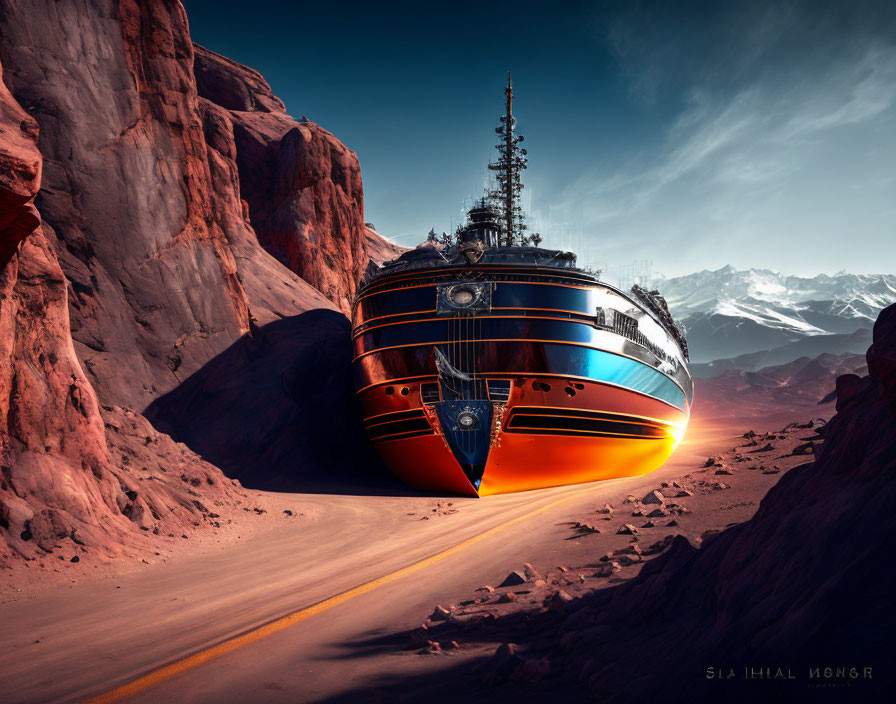 Futuristic ship stranded in desert road amid red rocks and snowy mountains