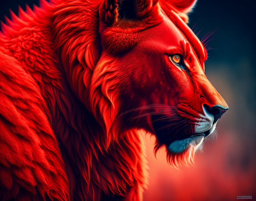 Majestic red lion with flame-like mane on crimson background