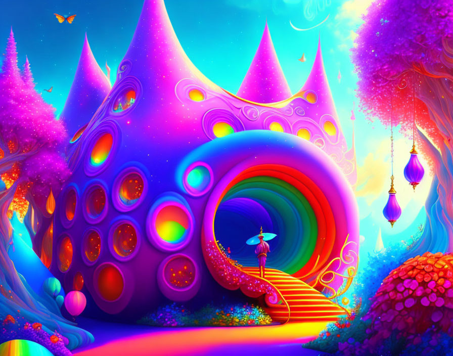 Fantastical landscape with colorful tunnel, glowing castle, whimsical trees