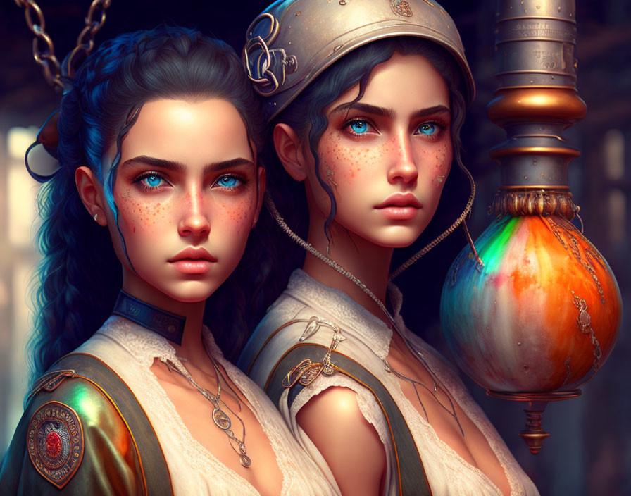 Twin female characters with blue eyes in fantasy attire by lantern