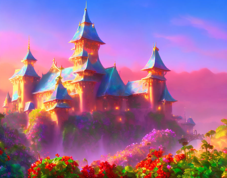 Castle with spires in sunlight surrounded by vibrant flora on misty hill