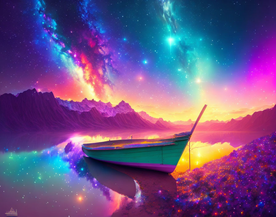 Colorful surreal landscape: Boat on tranquil lake, nebula sky, mountain silhouettes