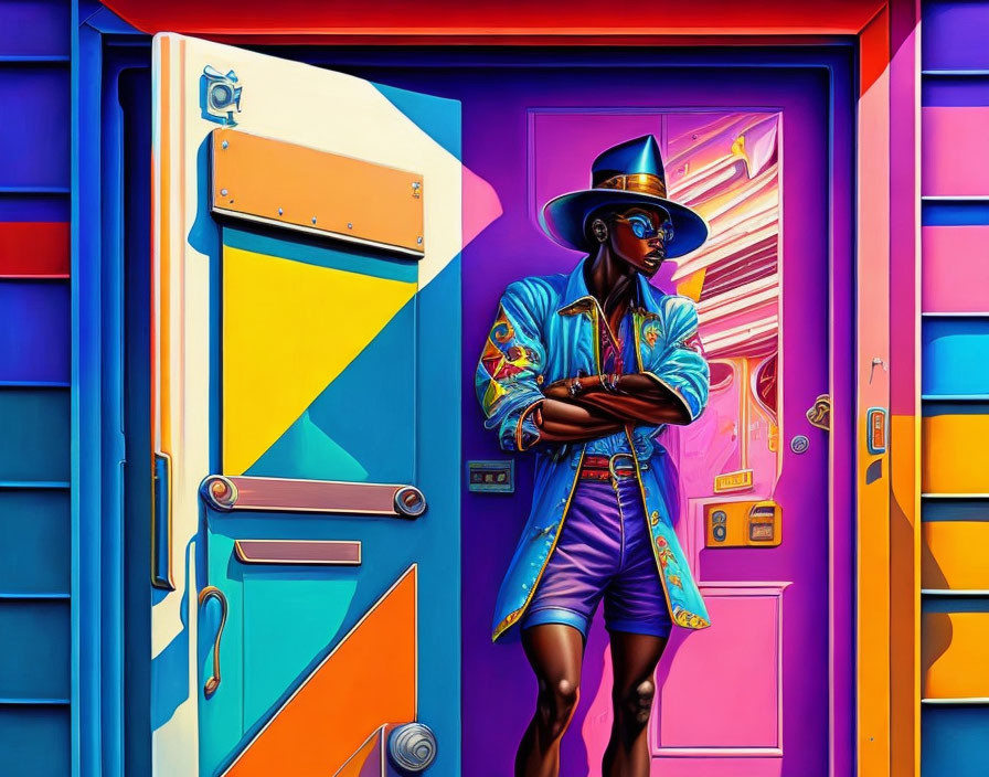 Person in Vibrant Outfit with Hat Standing Between Colorful Doors