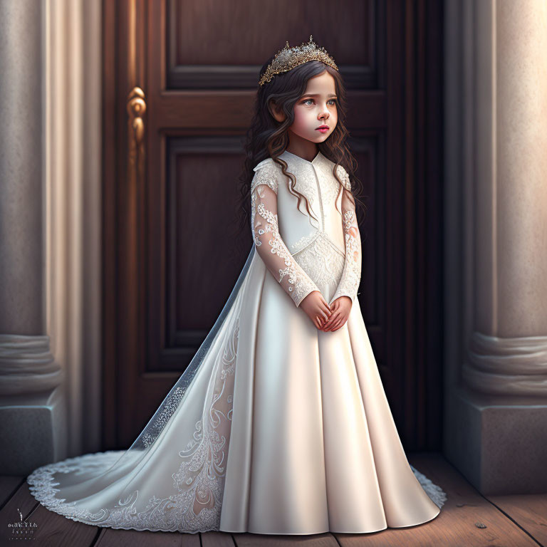 Young girl in white dress and tiara by wooden door with architectural details