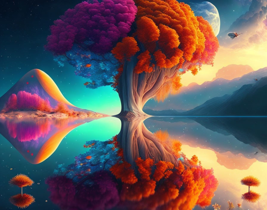 Colorful tree mirrored on water under starry sky with planet and hourglass nebula