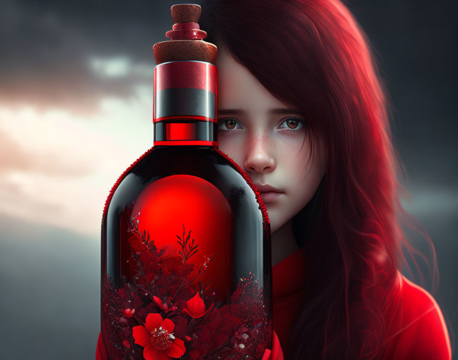 Digital Art: Red-haired girl in red cloak behind intricate floral bottle.