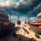 Colorful fleet of galleons with troops at harbor under dramatic sky