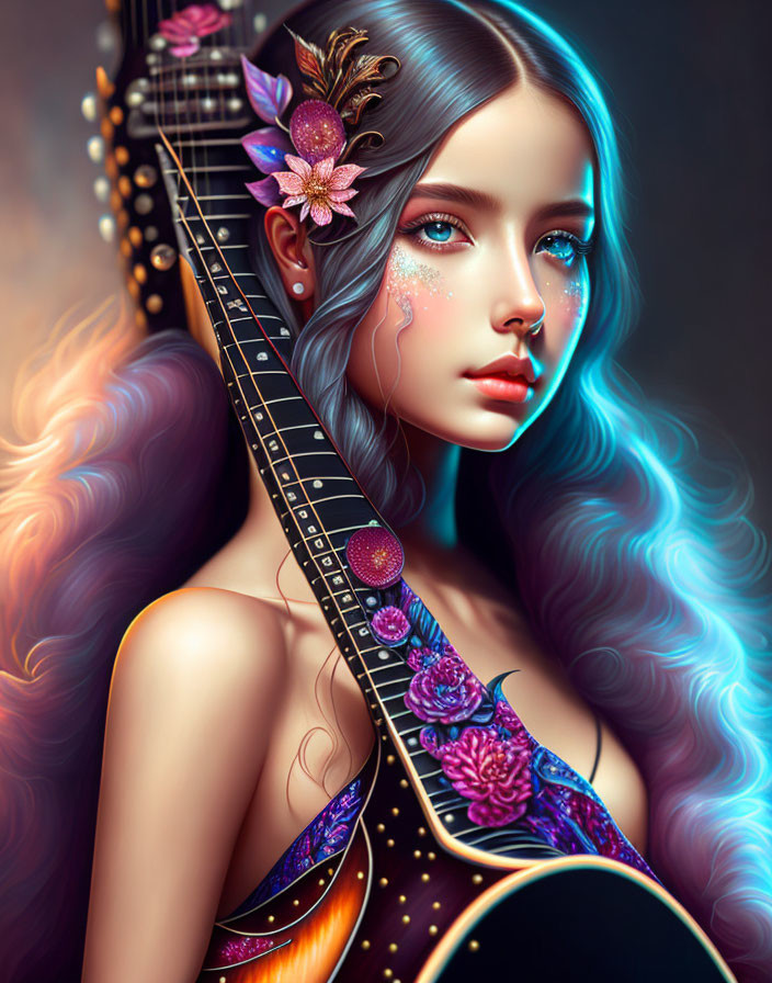 Fantasy illustration of a woman with blue eyes and vibrant hair holding a floral guitar on a dark background