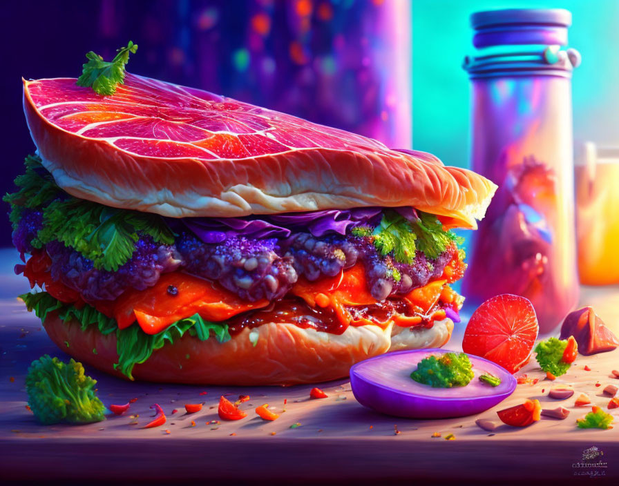 Colorful Burger Artwork with Grapefruit Buns and Purple Patty