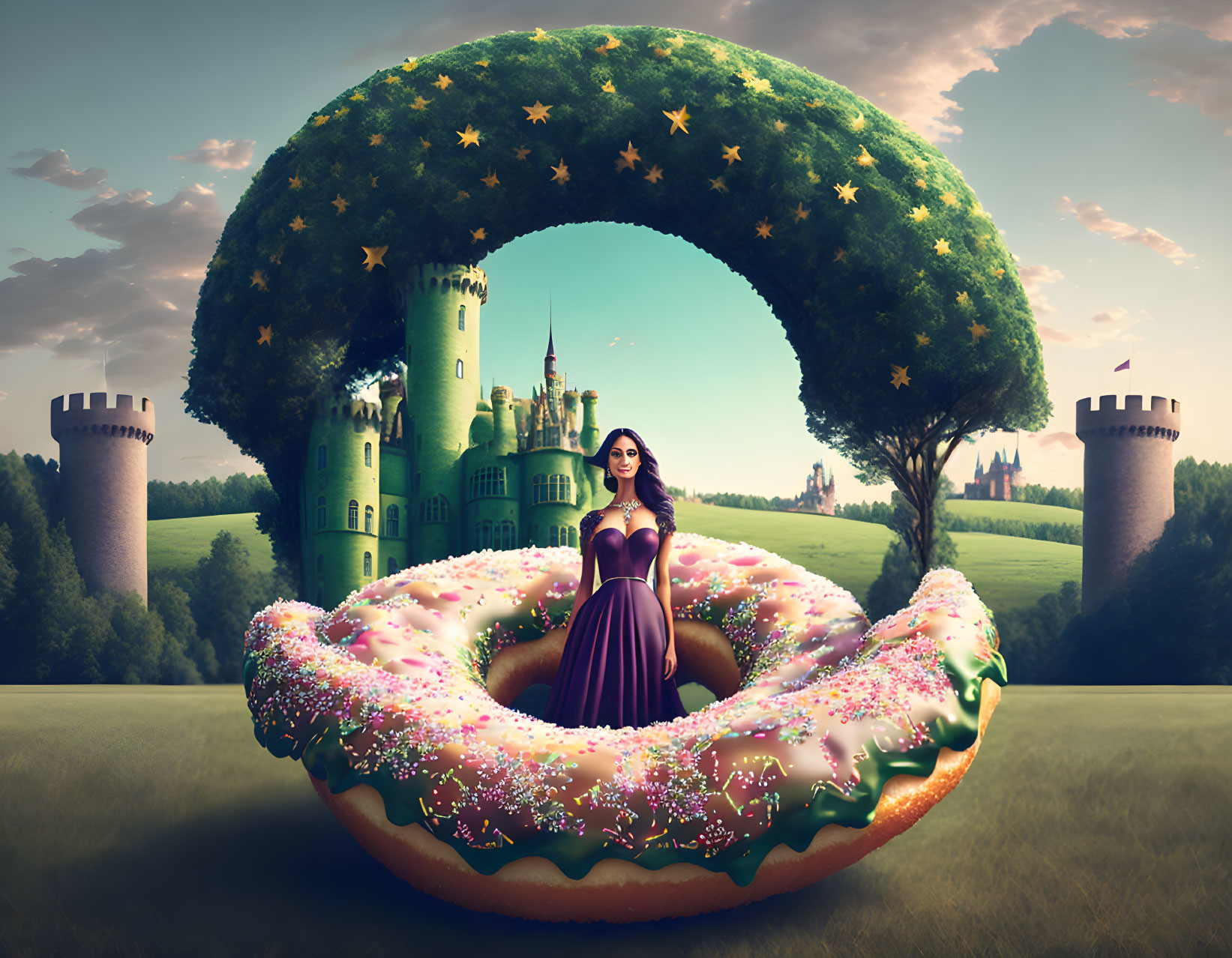 Woman in purple dress on giant donut with starry archway & castle.