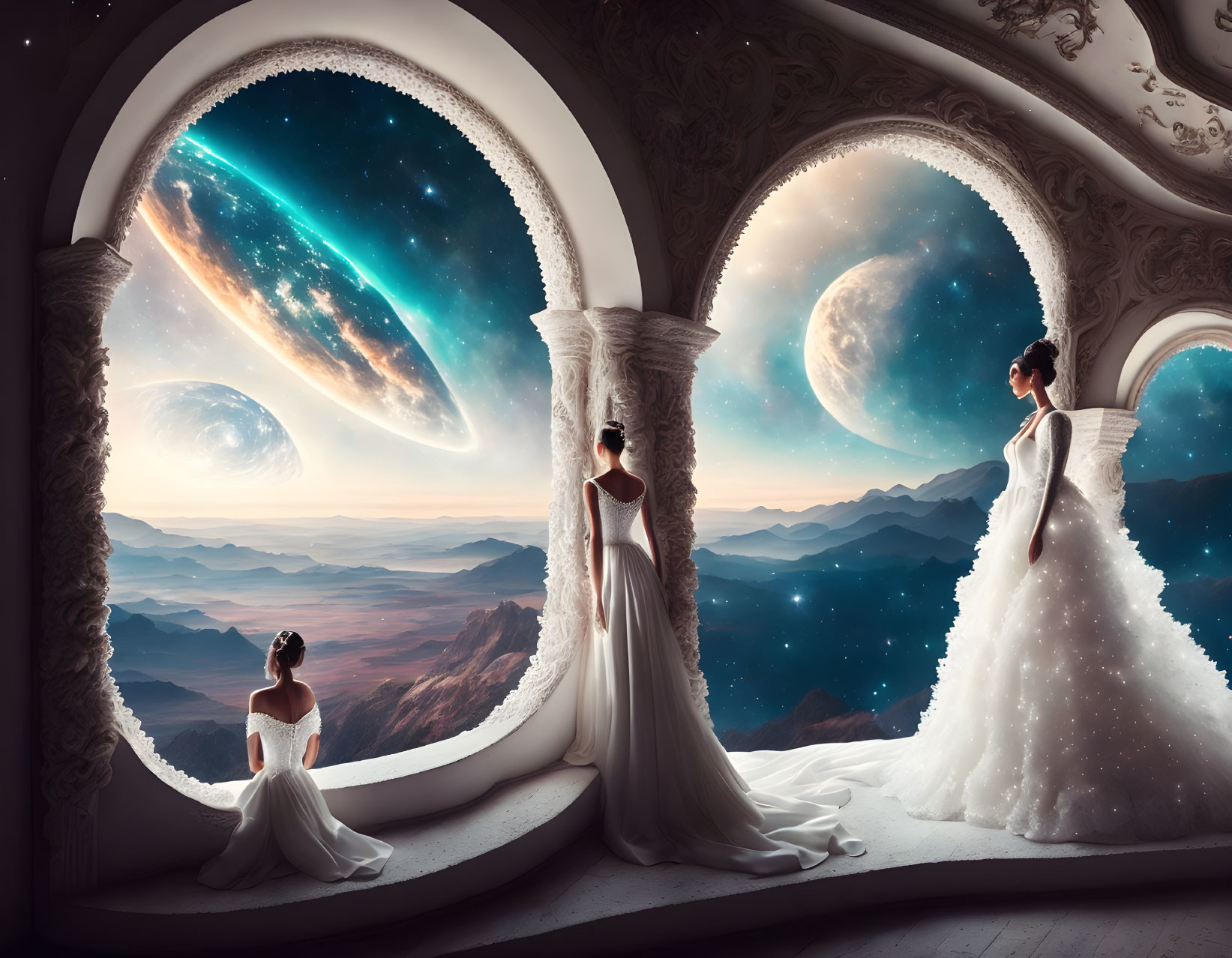 Three women in elegant dresses admire surreal cosmic landscape with galaxy and mountains