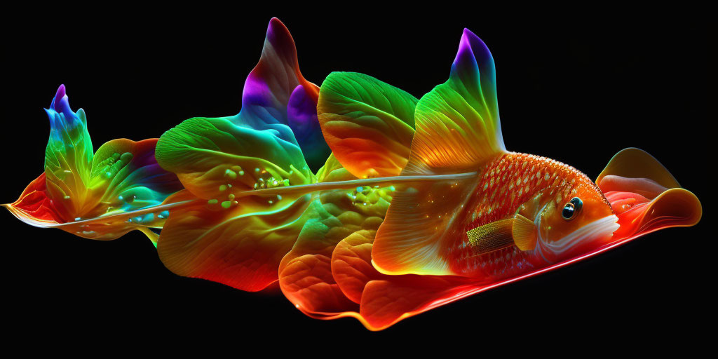 Colorful Goldfish with Neon Illumination on Black Background