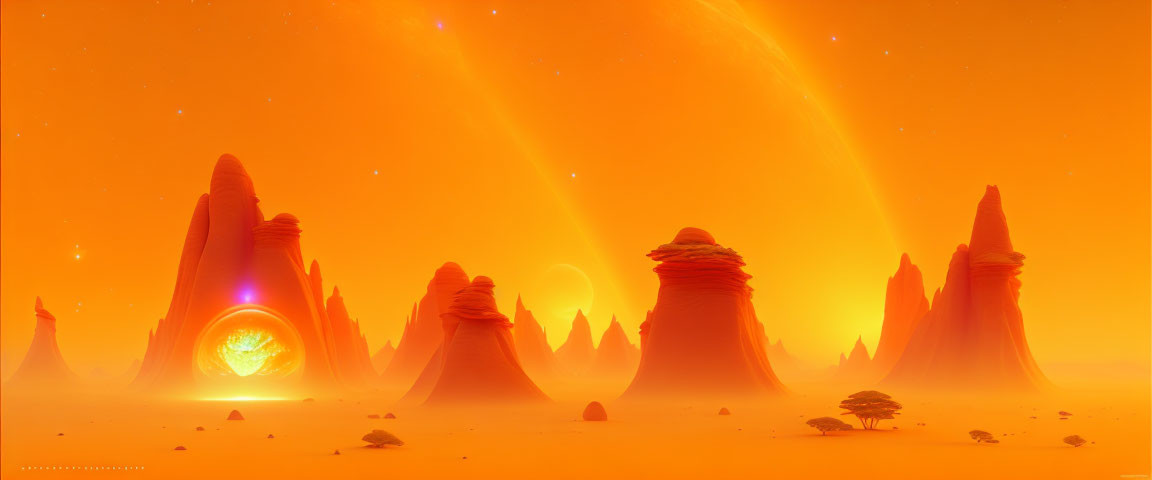 Orange-hued surreal desert landscape with spires and luminous portal