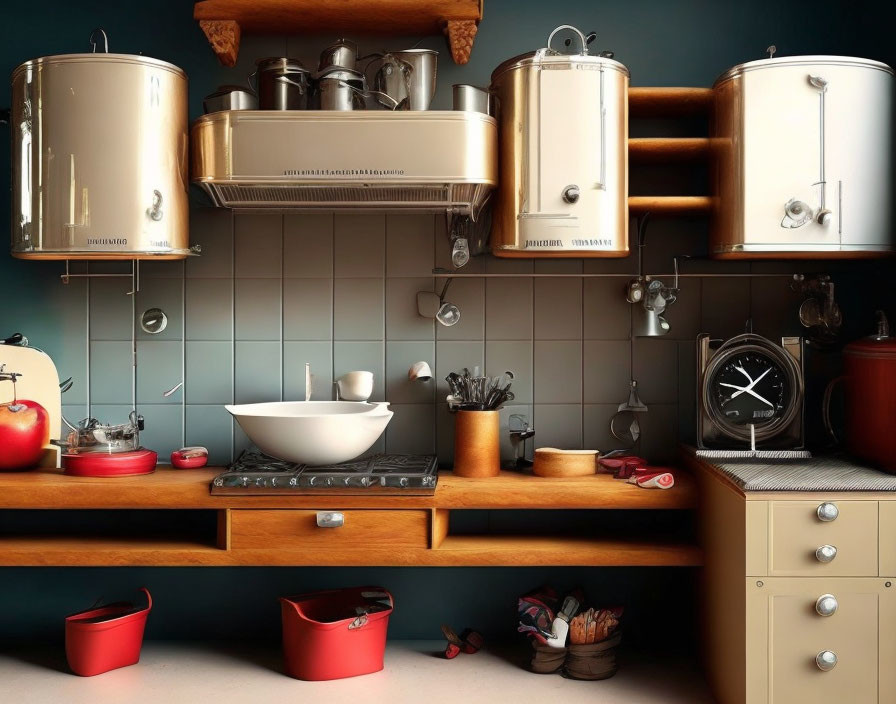 Classic Vintage Kitchen Decor with Wooden Shelves & Teal Wall