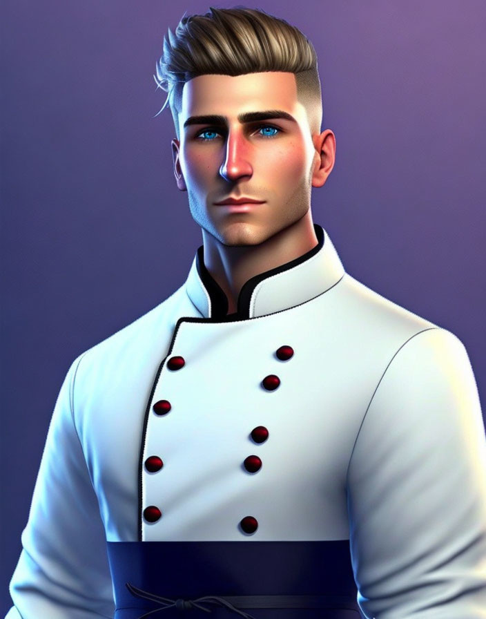 Stylized man in white uniform with slicked-back blonde hair