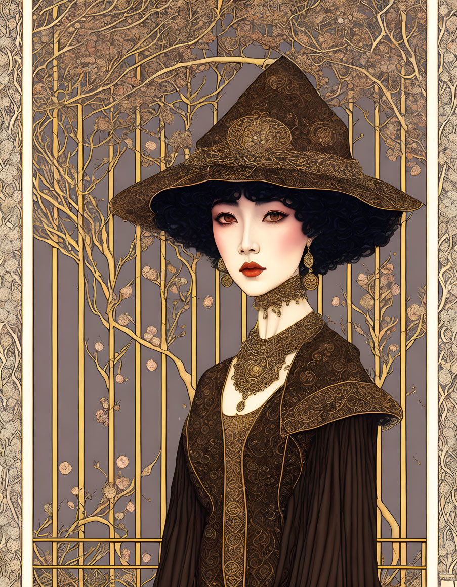 Art Nouveau Woman Illustration with Stylish Hat and Gold Necklace