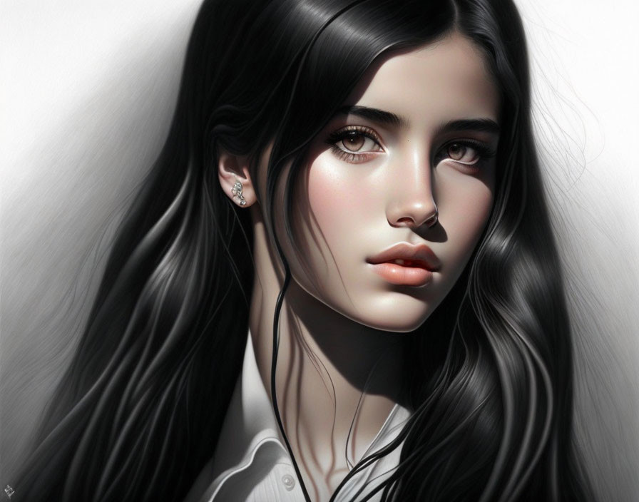 Young woman with long black hair and white shirt in digital portrait