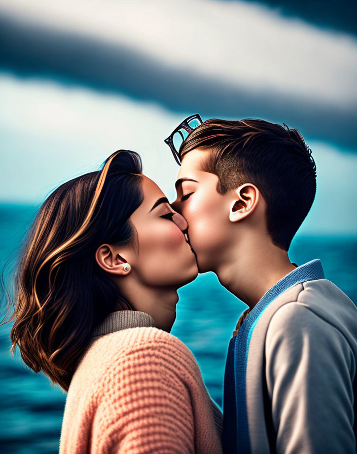 Romantic kiss by the sea under cloudy sky