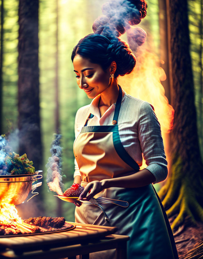 Woman grilling outdoors in forest setting with sunlight filtering through trees