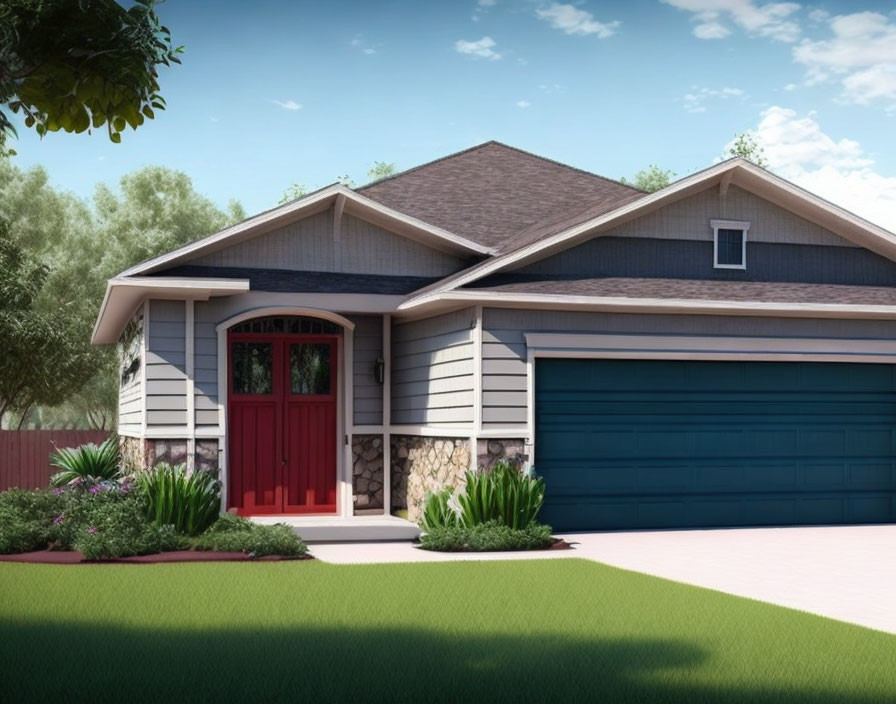 Blue Facade Single-Story House with Stone Accents & Red Front Door