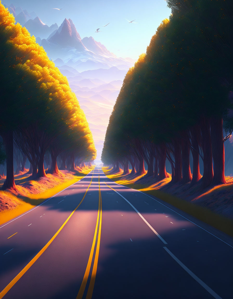 Tranquil road lined with golden trees under soft sunrise