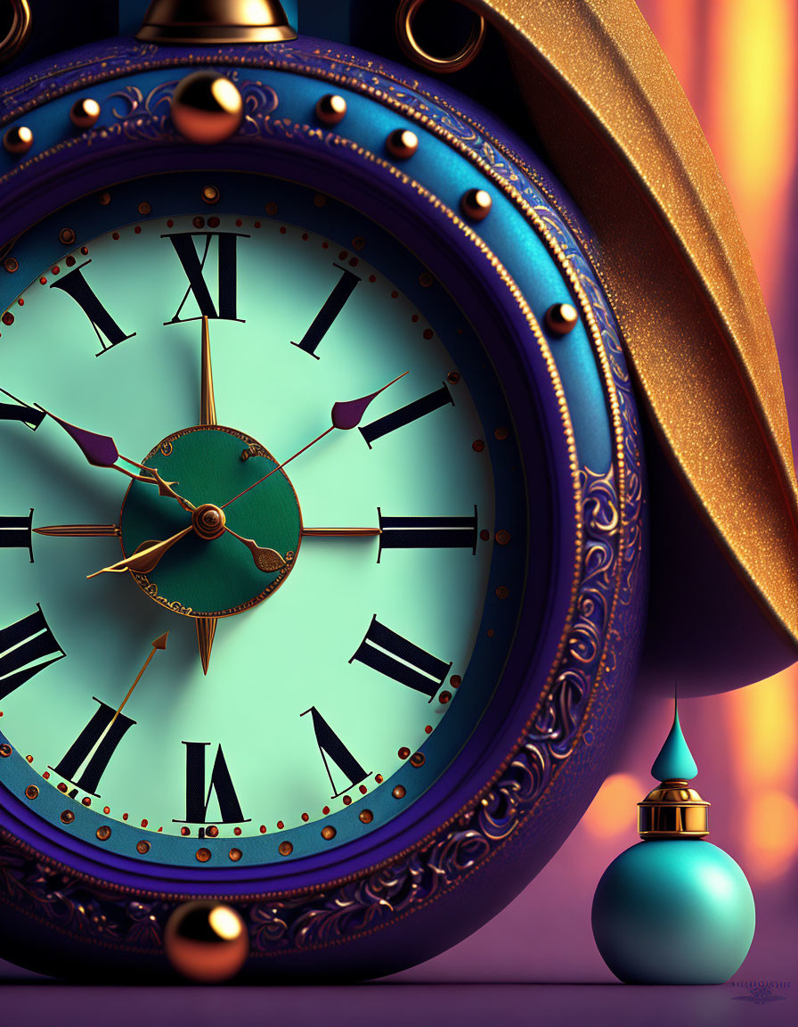 Ornate pocket watch with golden details and Roman numerals on teal clock face against purple background