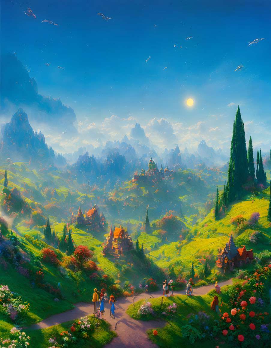 Fantasy landscape with lush greenery, flowers, houses, path, mountains, and sunny sky