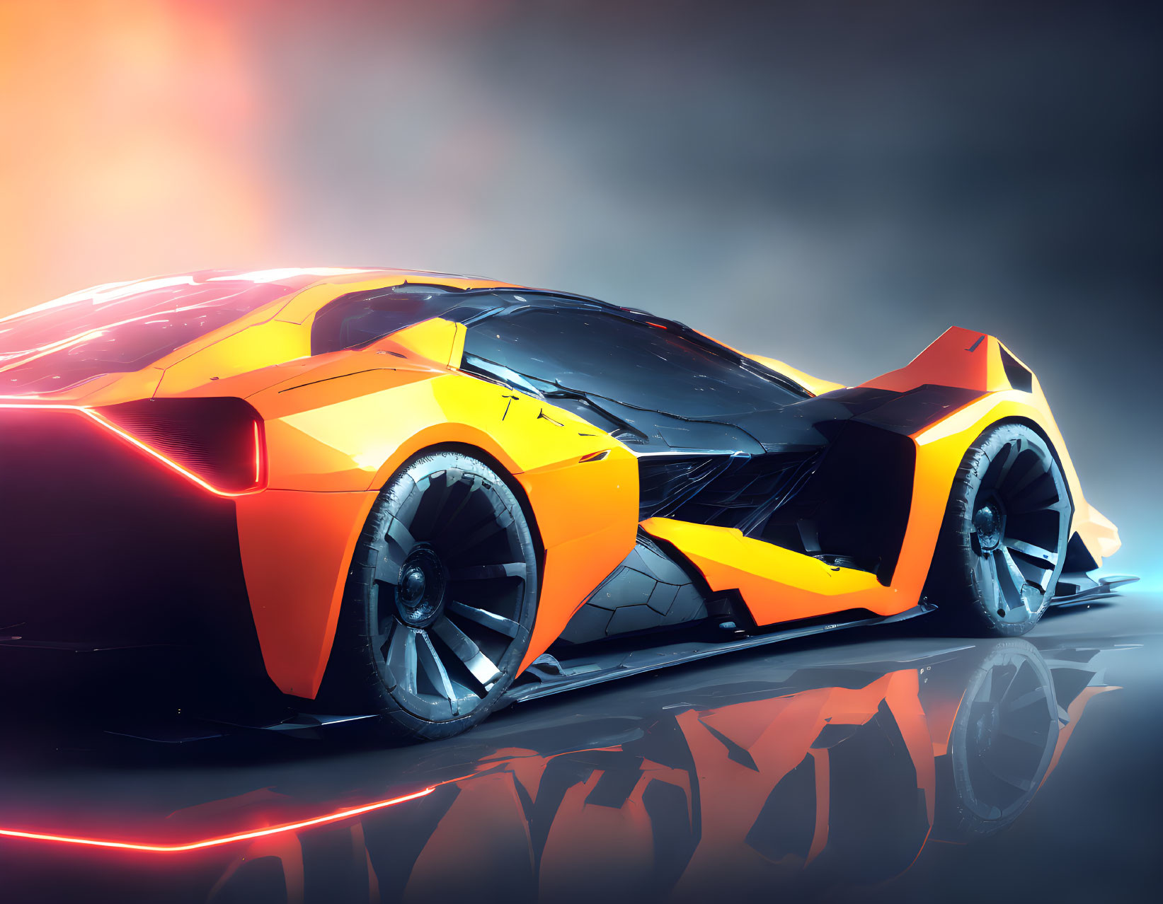 Futuristic orange and black sports car with aggressive styling and aerodynamic design