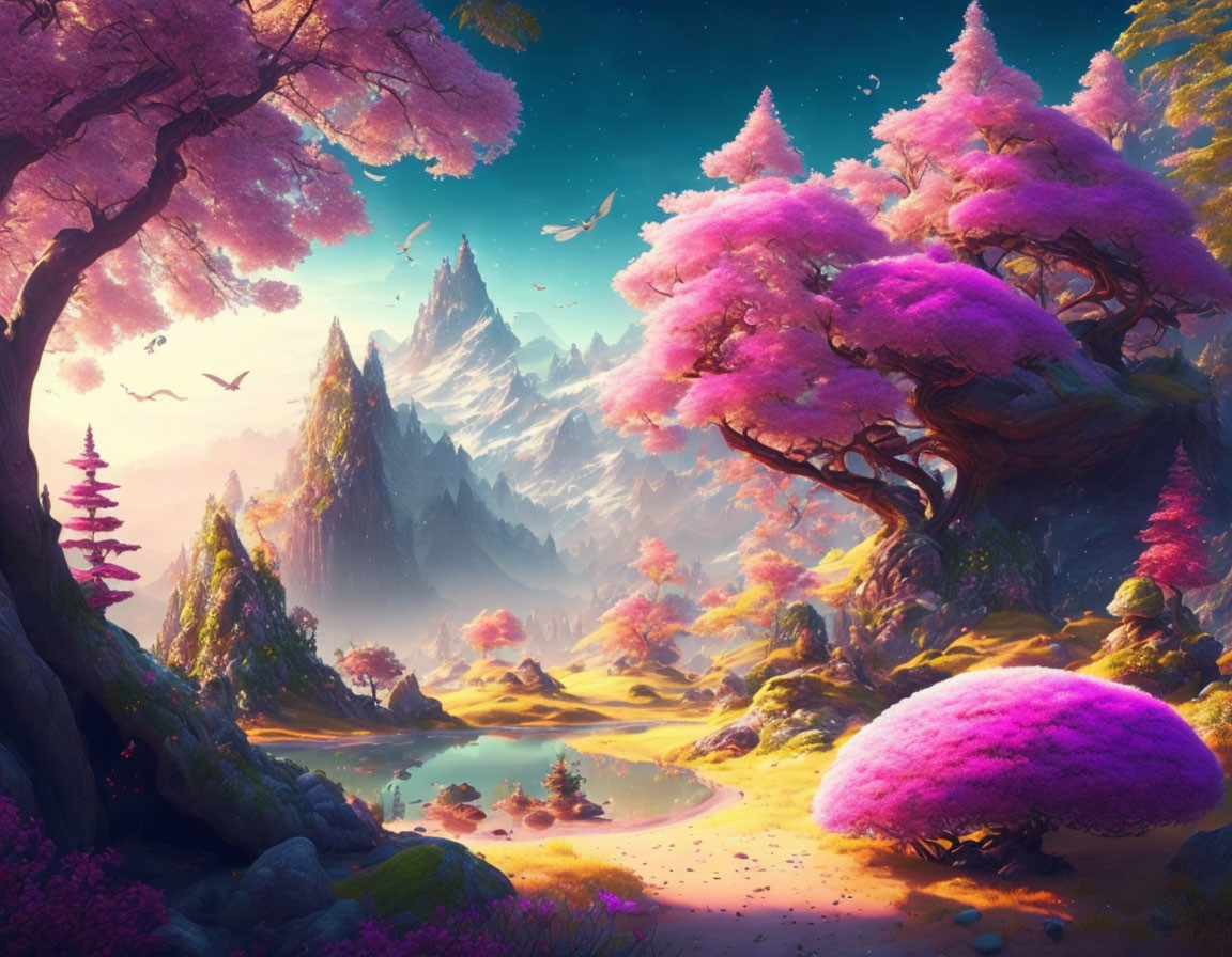 Vibrant pink trees, serene lake, majestic mountains in fantasy landscape