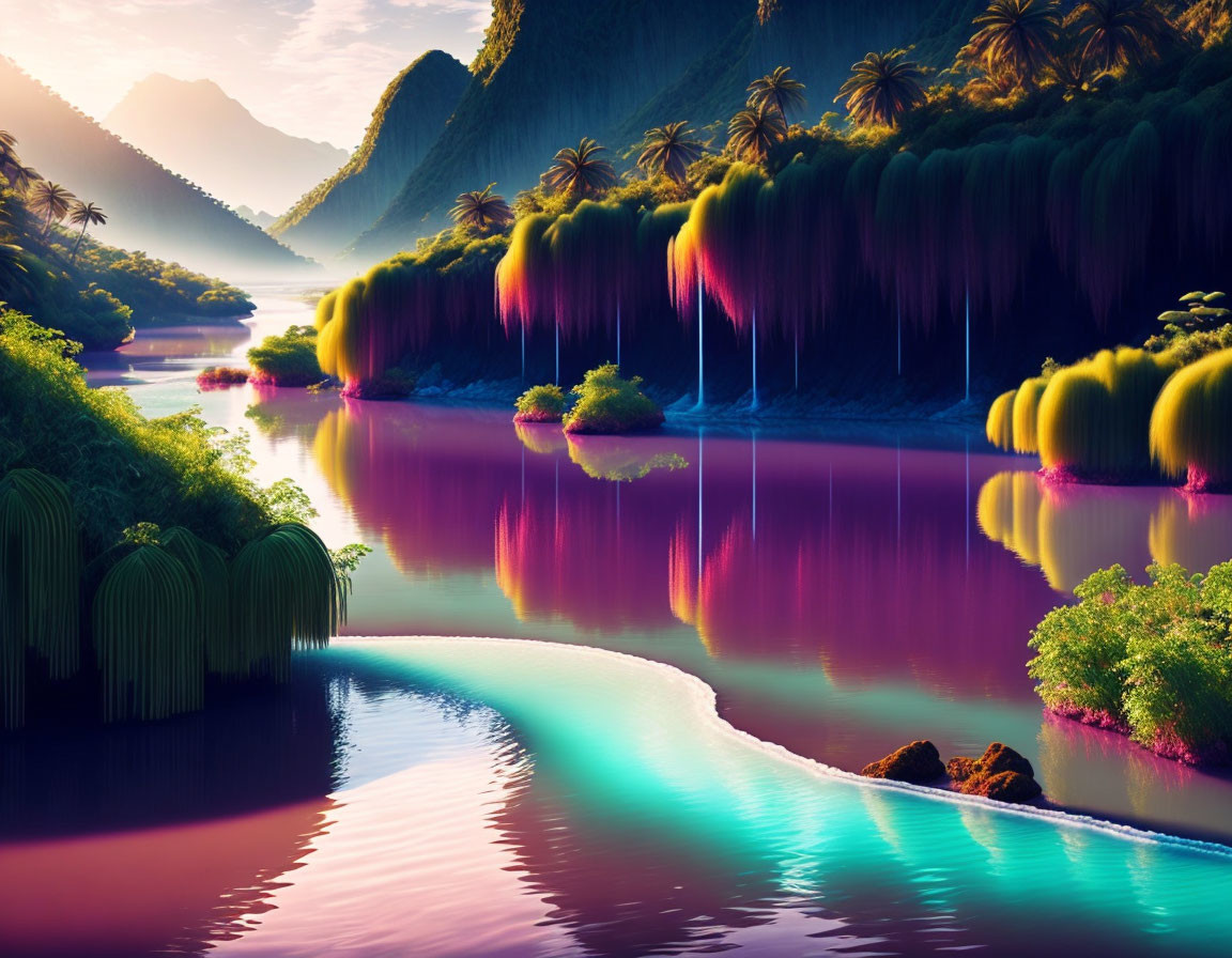 Surreal landscape digital artwork with neon trees and reflective river