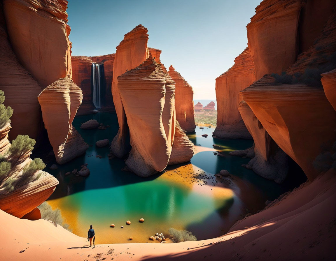 Person in desert canyon overlooking green water pool under blue sky