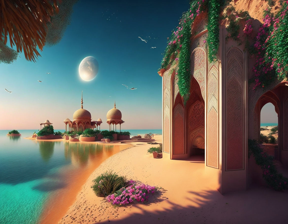 Moonlit beach scene with ornate buildings, lush vegetation, and birds at dusk