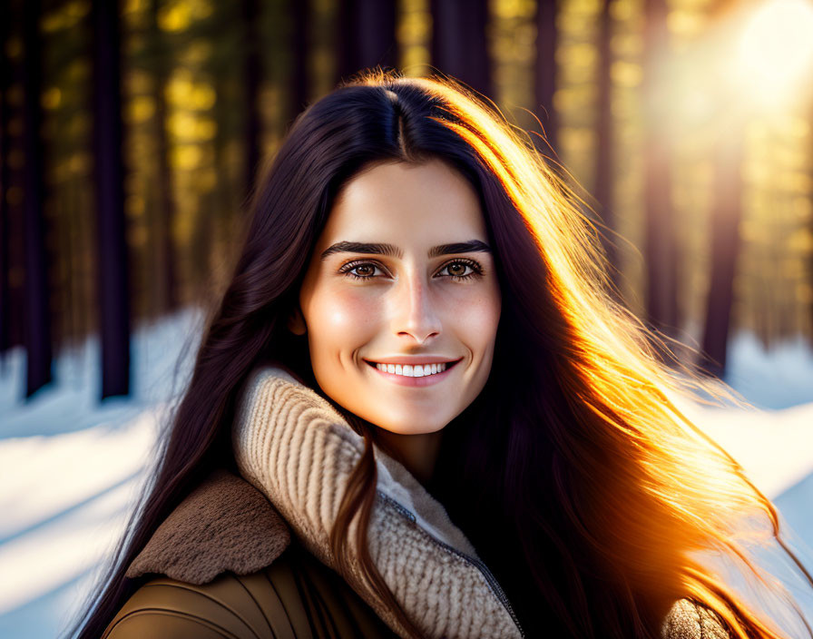 Smiling woman with long hair in snowy forest sunlight