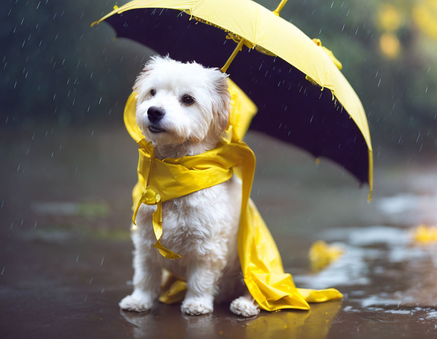 White Dog in Yellow Raincoat Under Yellow Umbrella in Rain