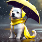 White Dog in Yellow Raincoat Under Yellow Umbrella in Rain