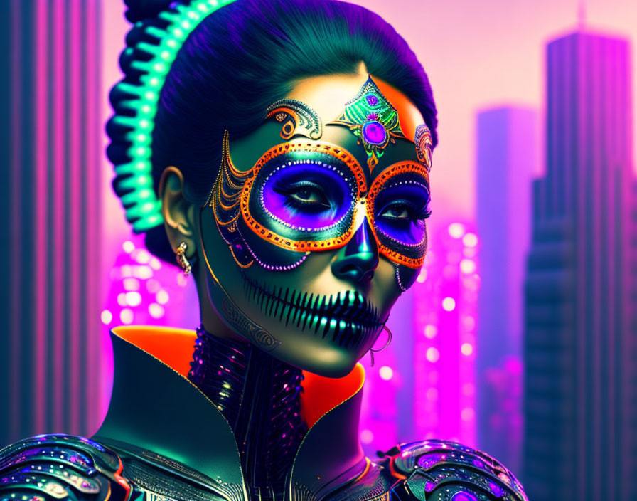 Vibrant Day of the Dead sugar skull makeup on a woman in a neon cityscape.