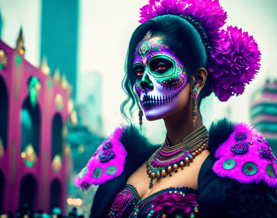 Woman with Day of the Dead makeup and floral headpiece in festive background