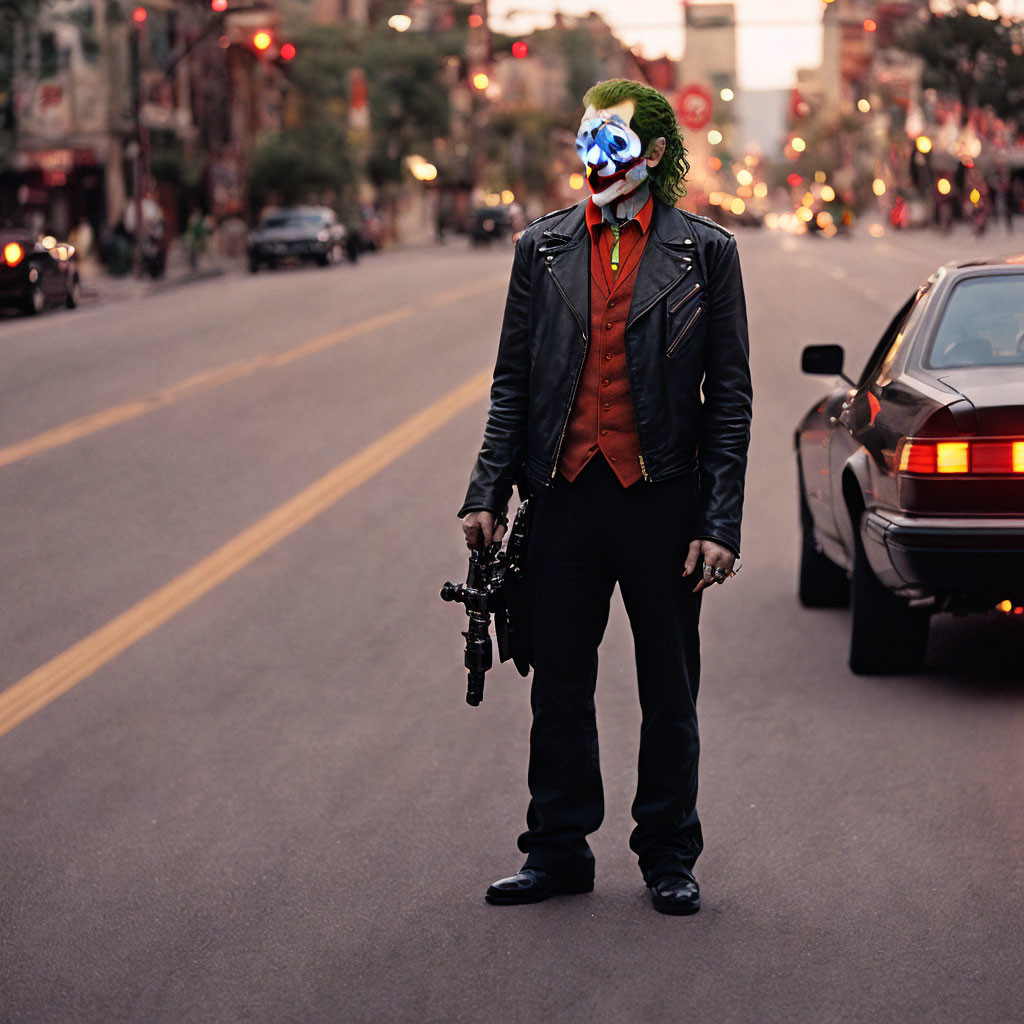 Clown mask person with gun in city street scene