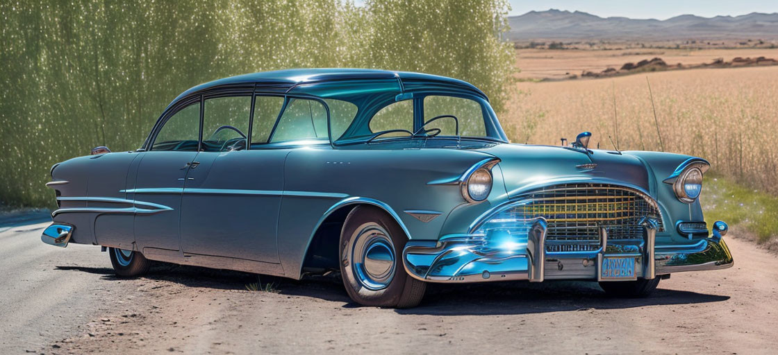 Vintage Blue Car Parked on Roadside with Clear Sky and Greenery