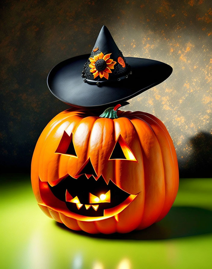 Glowing Jack-o'-lantern with Witch Hat and Sunflower on Green Background