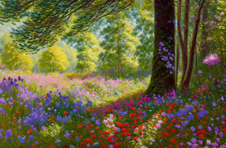 Colorful forest painting: sunlit clearing, path, wildflowers, green trees