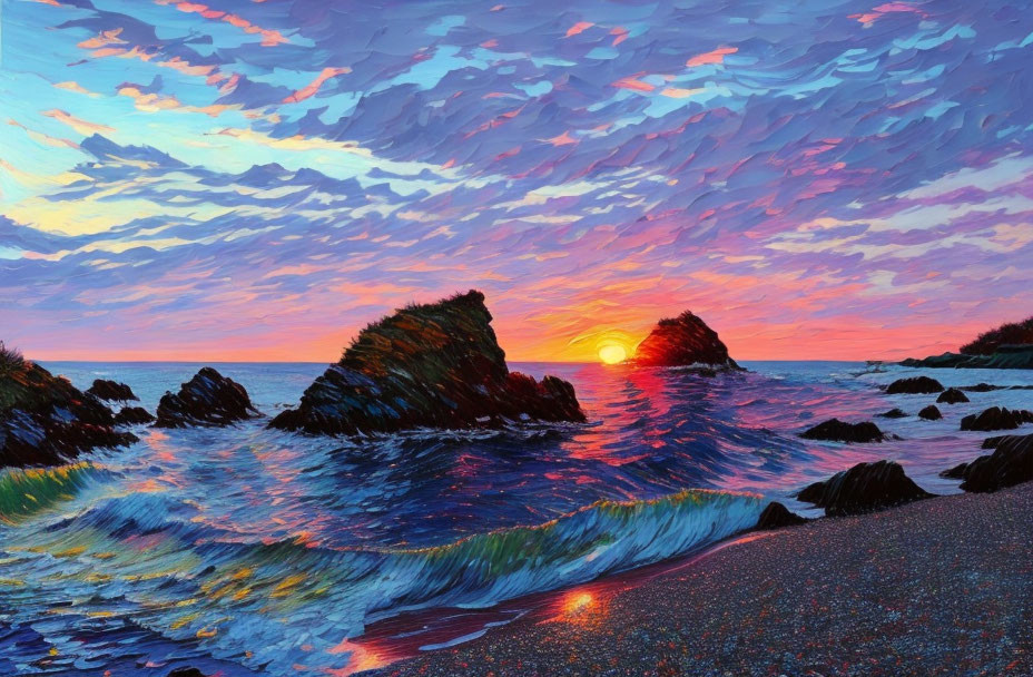 Scenic beach sunset painting with colorful sky & rock formations